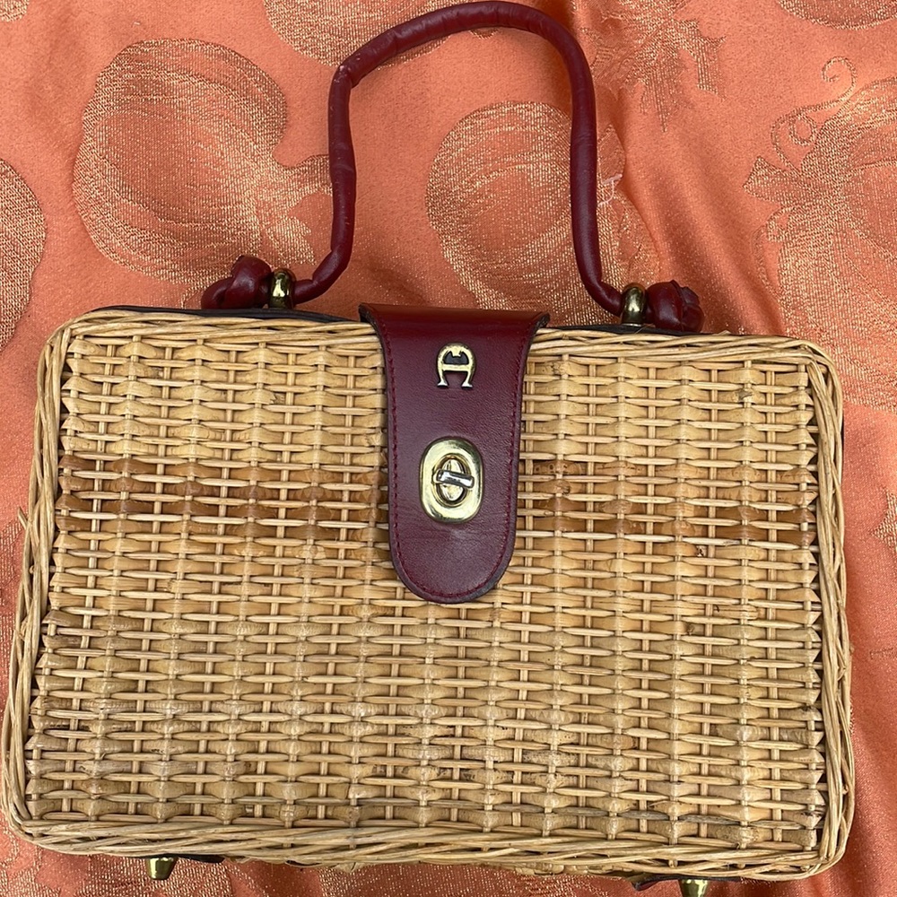 Woven basket purse with burgundy and gold details